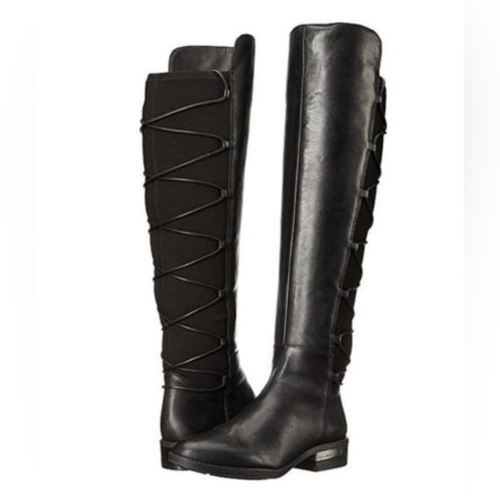 Vince Camuto Black Leather VC-Parle Riding Boots. Size 8. Over the knee lace up.